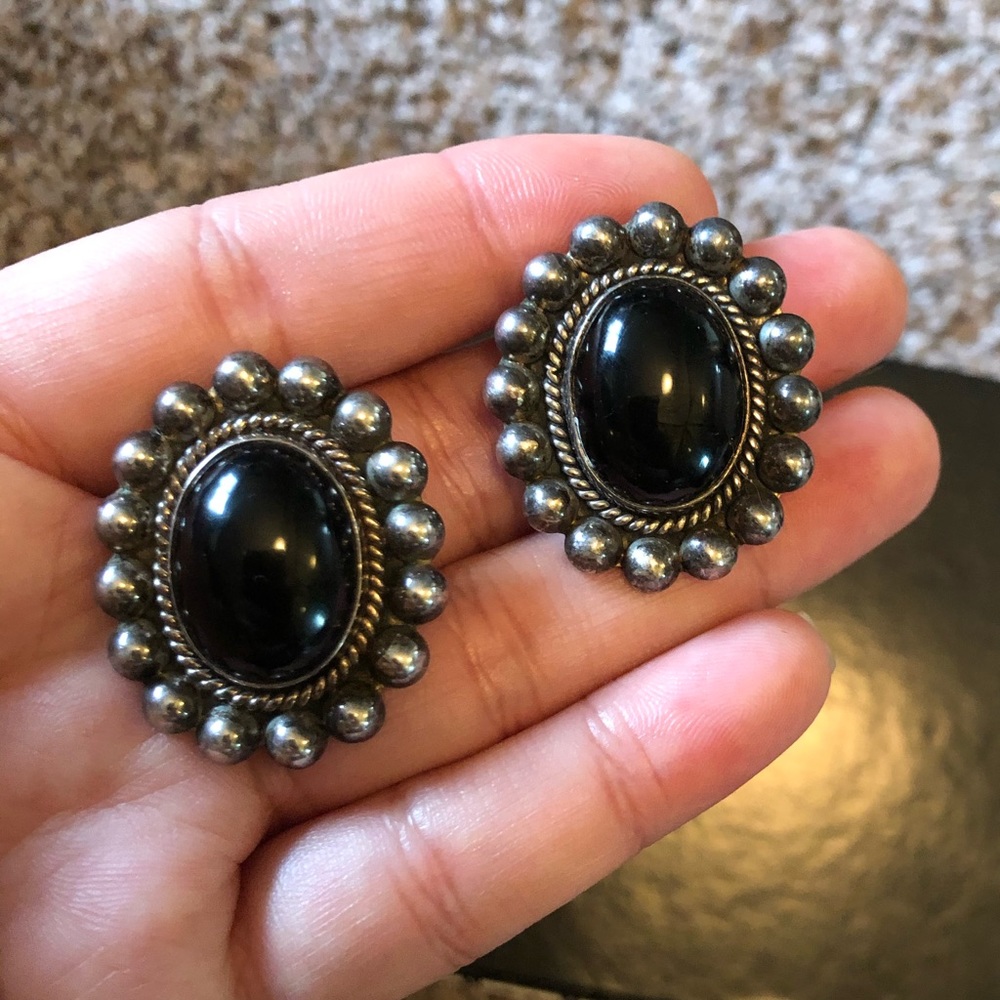 Taxco clip on onyx earrings